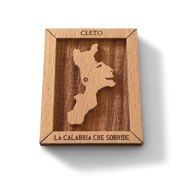 Calamita in legno mini quadretto con bassorilievo Cleto Calabria che sorride