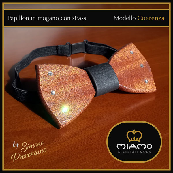 Papillon in legno di mogano con strass - Modello Coerenza - MIAMO Accessori Moda