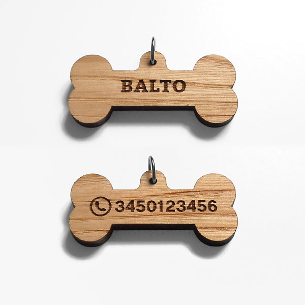 Medaglietta per cane pendaglio in legno a forma di osso con incisione nome e telefono famiglia