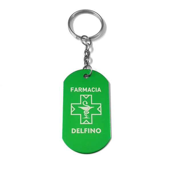 Portachiavi in alluminio colore verde personalizzati con logo farmacia