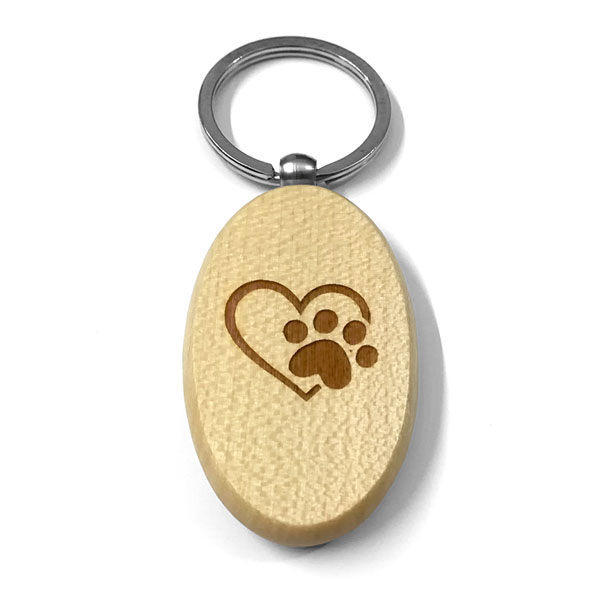 Portachiavi ovale in legno personalizzato con cuore ed impronta gatto