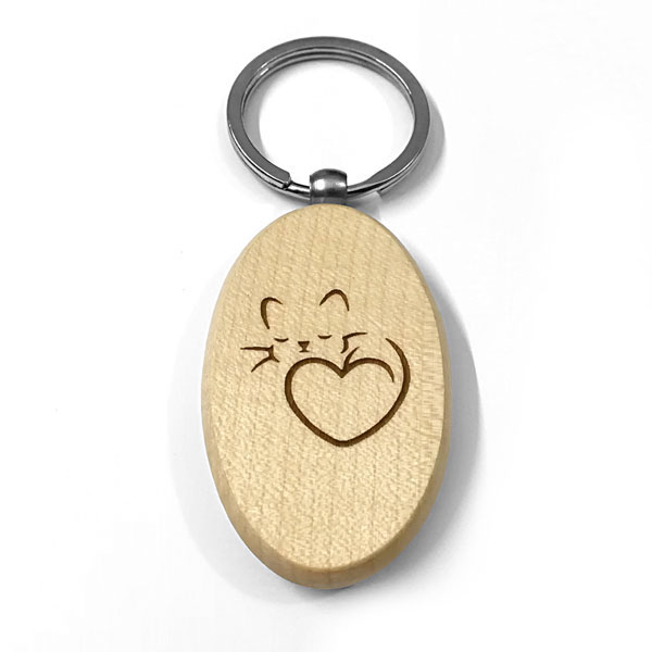 Portachiavi ovale in legno personalizzato con gatto e cuore